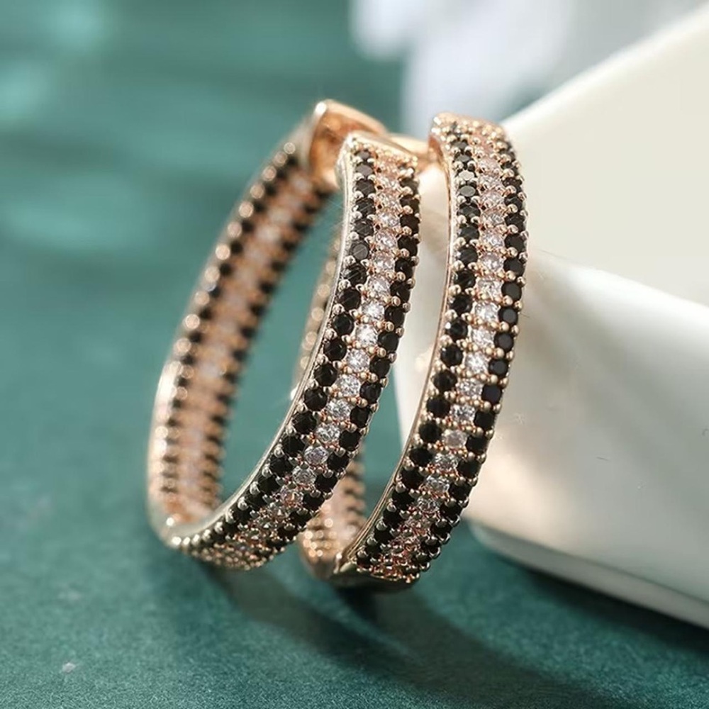 Boutique  Gold and Black Crystal Hoop Earrings 14K